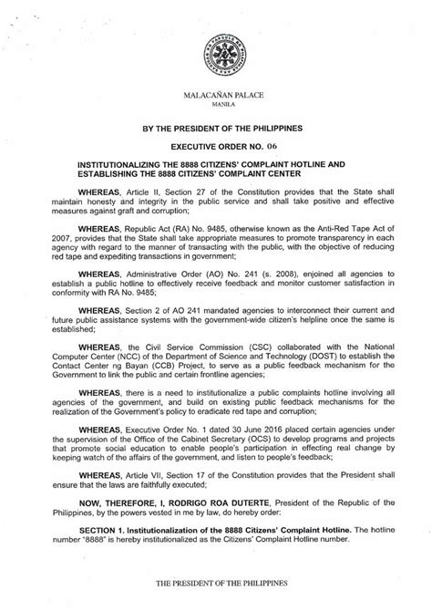 8888 citizens complaint center|Executive Order No. 06 .